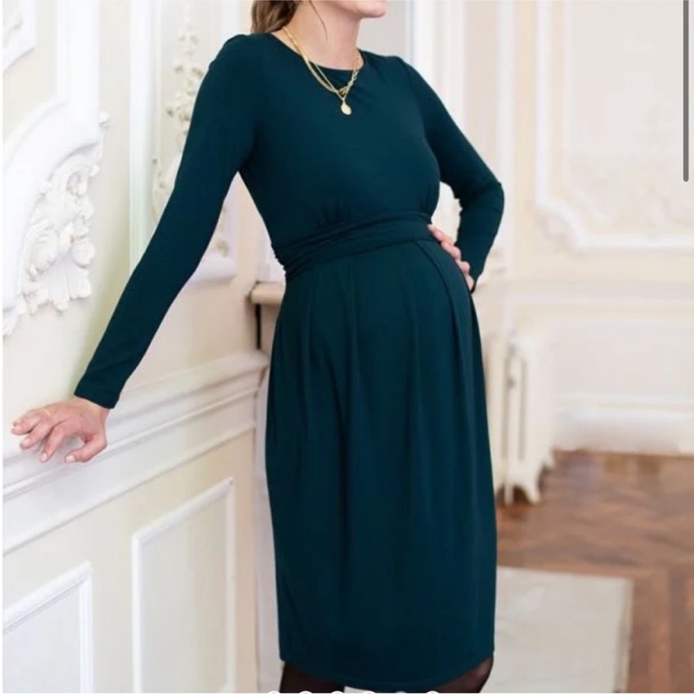 Seraphine Green Pleated Long Sleeve Sheath Dress